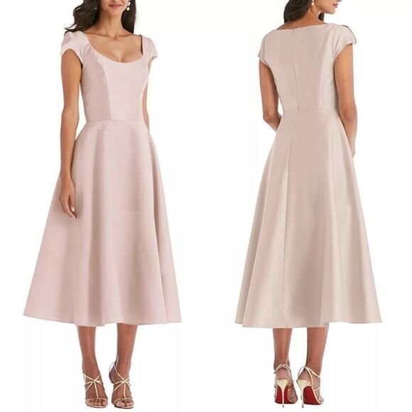 New! Alfred Sung Cap Sleeve Full‎ Skirt Satin Midi Cocktail Bridesmaid Dress,  8 - Picture 1 of 13